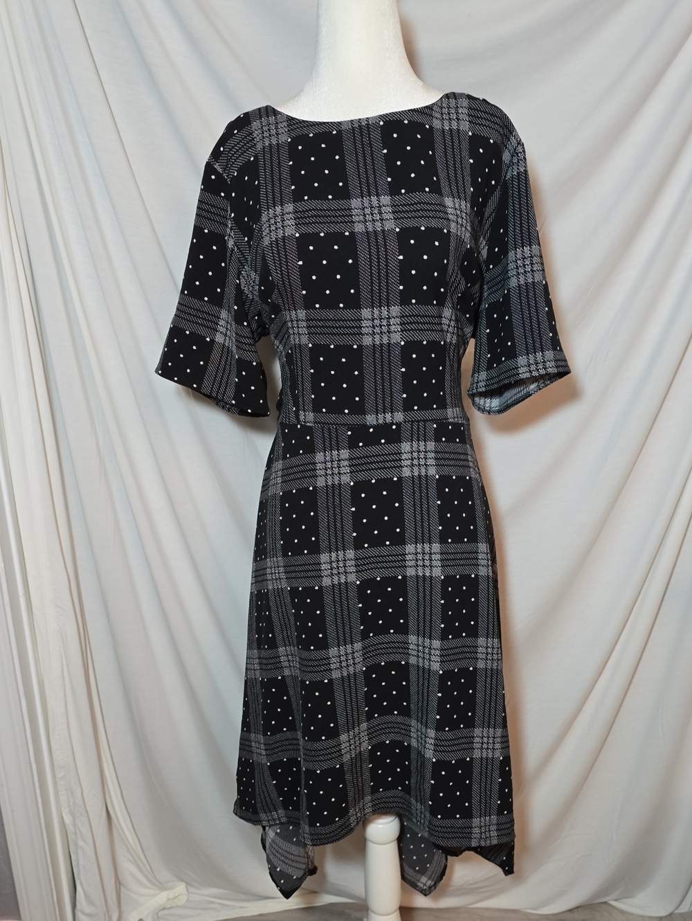 Elle Black & White Plaid/ Spotted Fitted Handkerchief Hem Dress